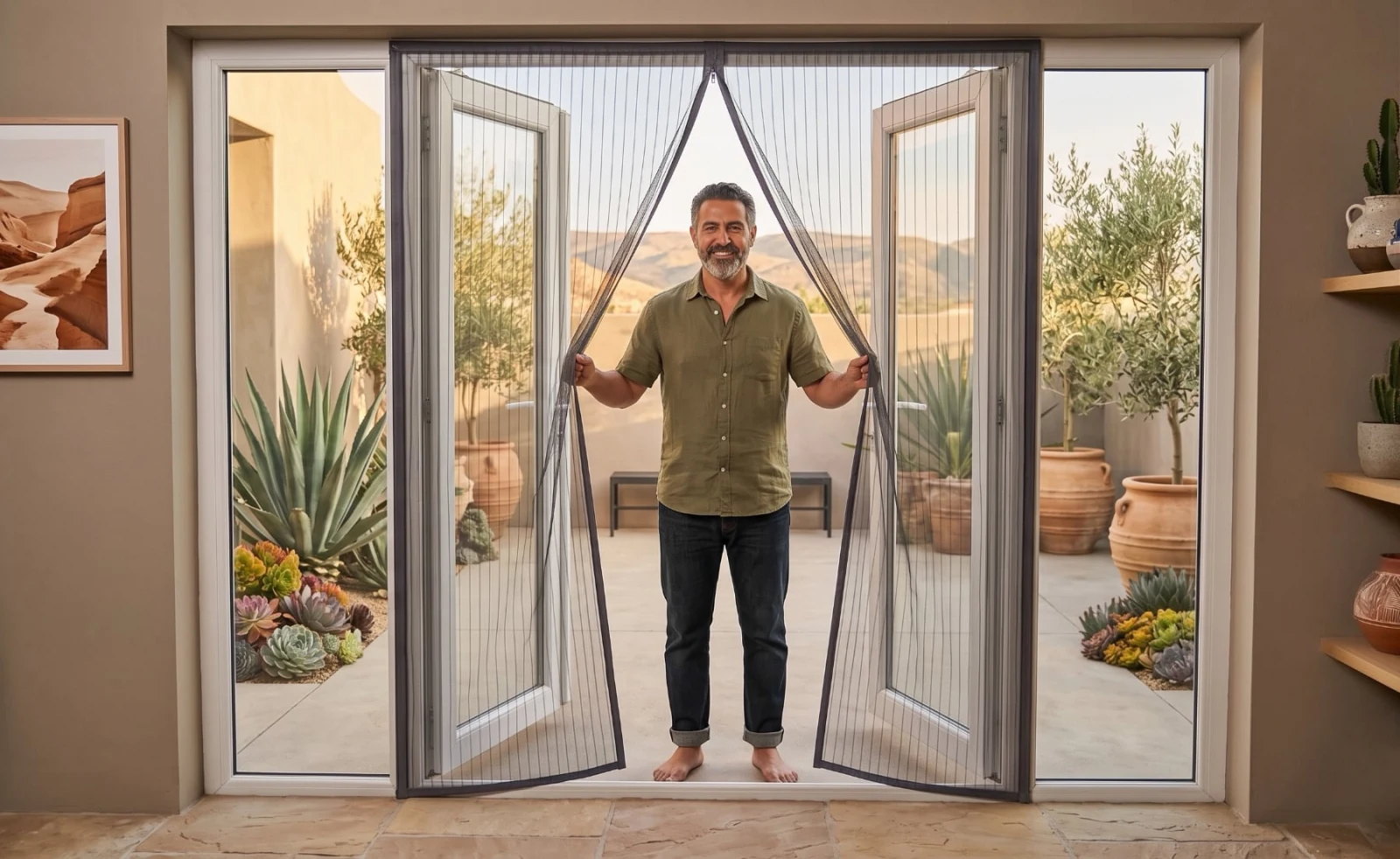Charcoal magnetic flyscreen door fitted across open French patio doors, customer parting the mesh to walk through