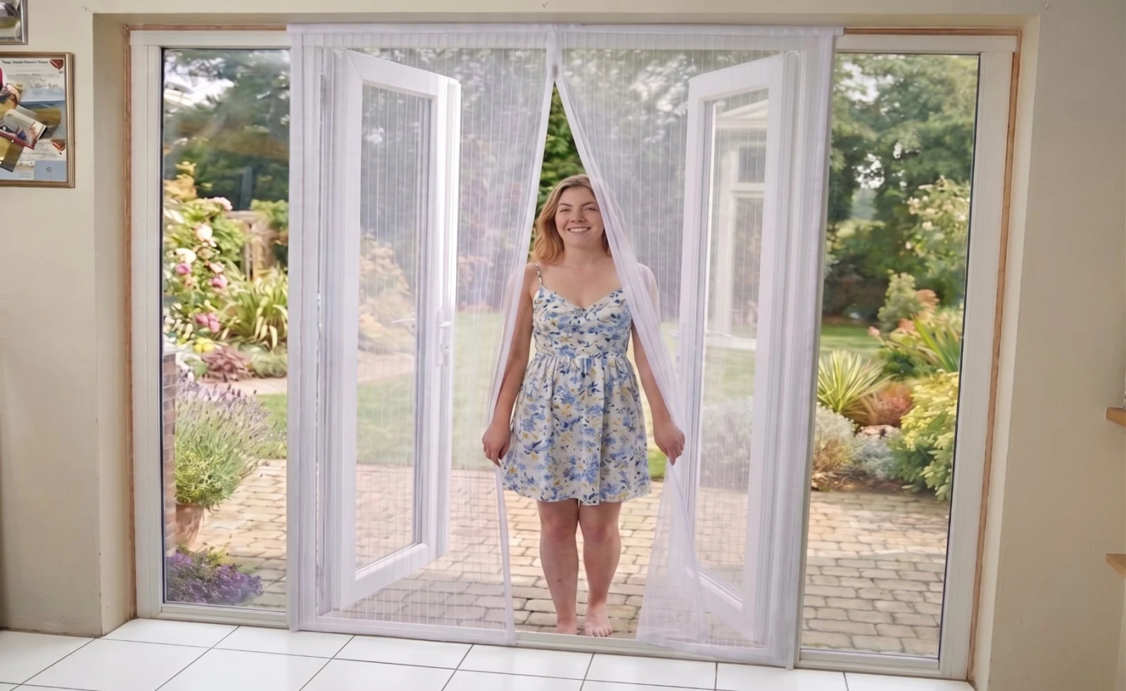 White magnetic flyscreen door fitted across open patio doors, customer walking through
