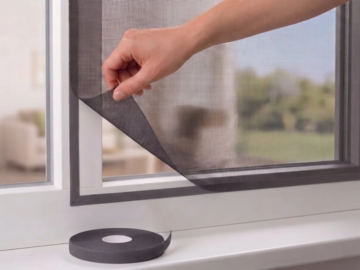 Charcoal self-adhesive fibreglass flyscreen being lifted from a window frame, with the matching hook-and-loop tape on the sill